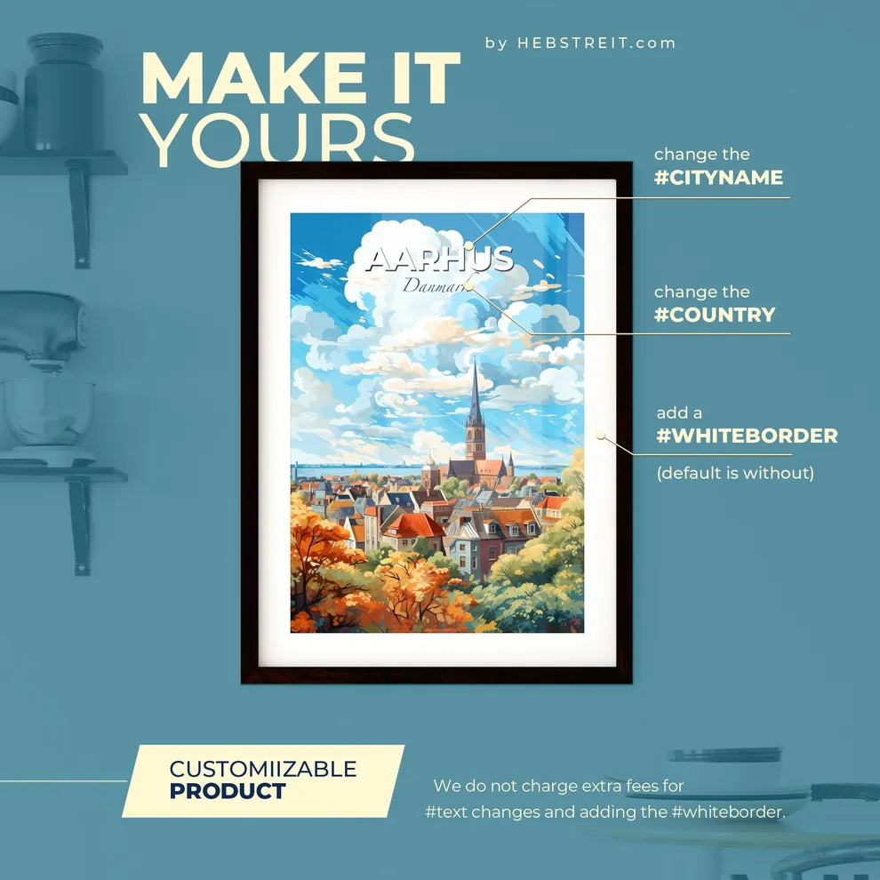 Aarhus Danmark Skyline - A City With A Church Tower - Customizable Travel Gift Default Title