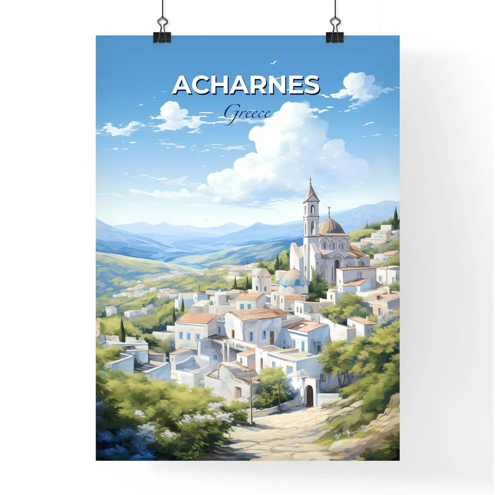 Acharnes Greece Skyline - A White Buildings With A Steeple On Top Of It - Customizable Travel Gift Default Title