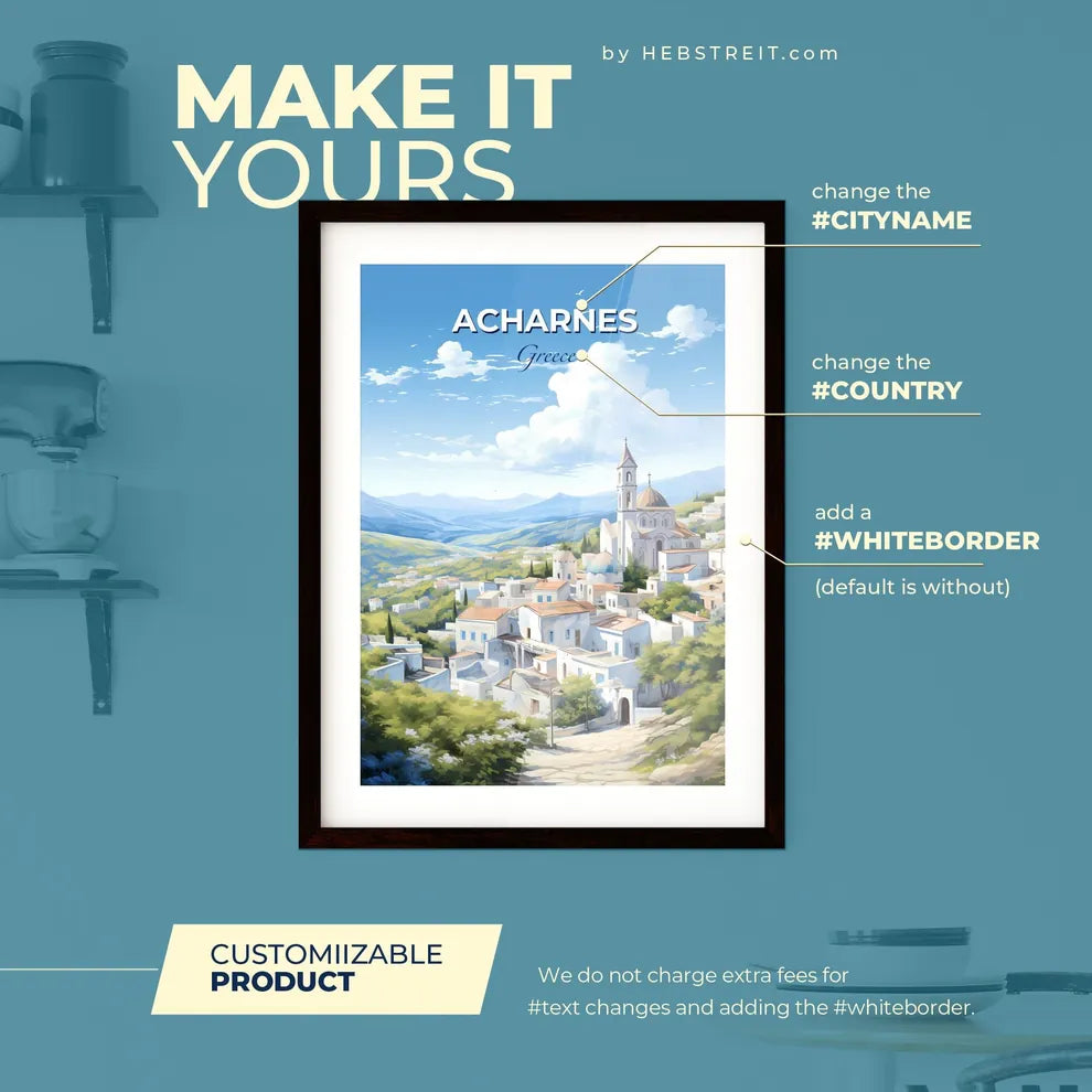 Acharnes Greece Skyline - A White Buildings With A Steeple On Top Of It - Customizable Travel Gift Default Title