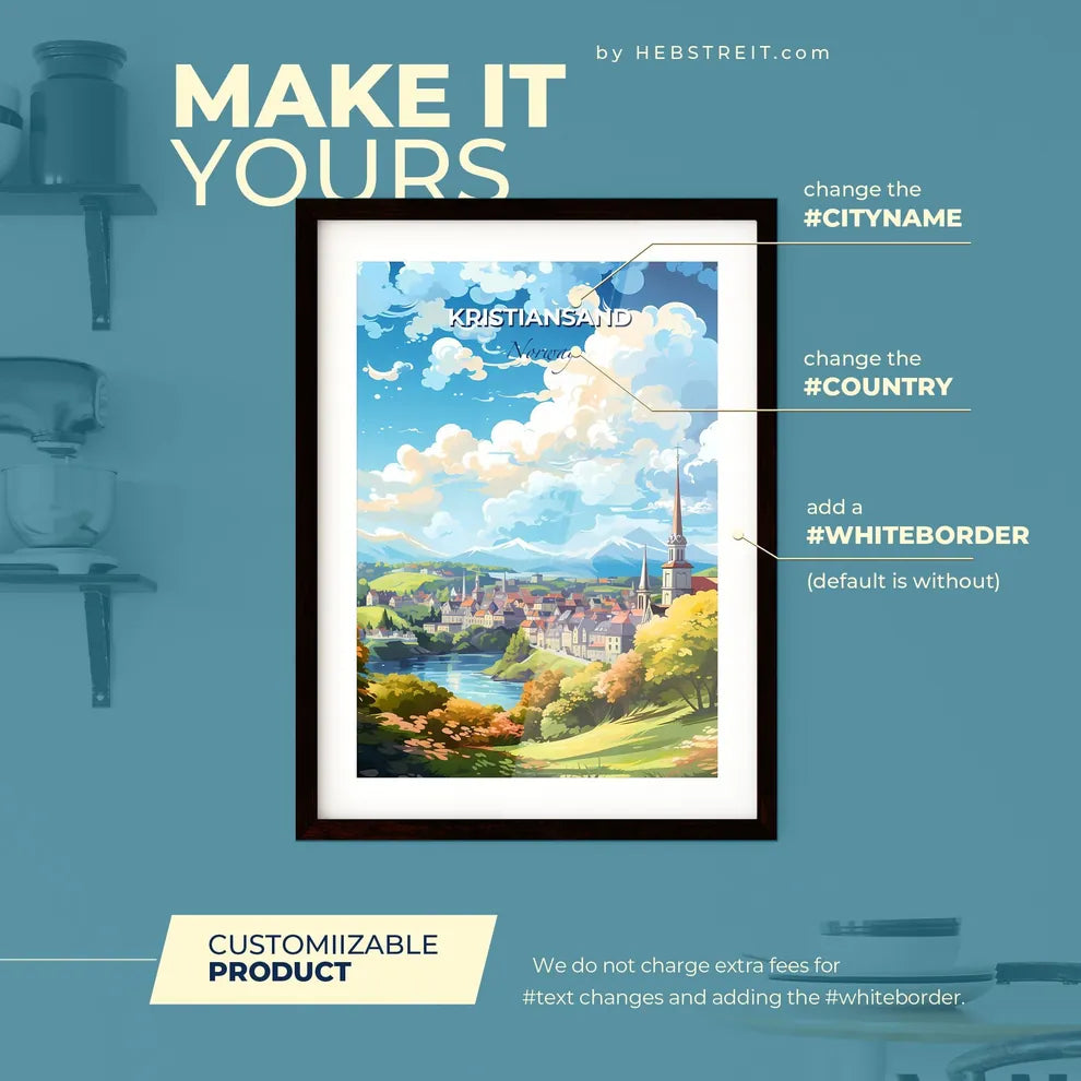 Kristiansand Norway Skyline - A Landscape Of A Town With A River And Mountains - Customizable Travel Gift Default Title