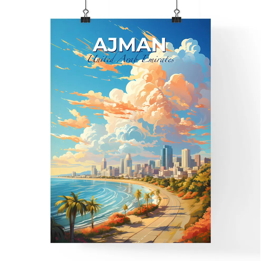 Ajman United Arab Emirates Skyline - A Beach With Palm Trees And A City In The Distance - Customizable Travel Gift Default Title