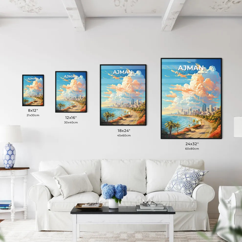 Ajman United Arab Emirates Skyline - A Beach With Palm Trees And A City In The Distance - Customizable Travel Gift Default Title