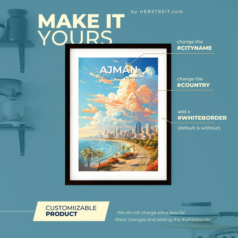 Ajman United Arab Emirates Skyline - A Beach With Palm Trees And A City In The Distance - Customizable Travel Gift Default Title