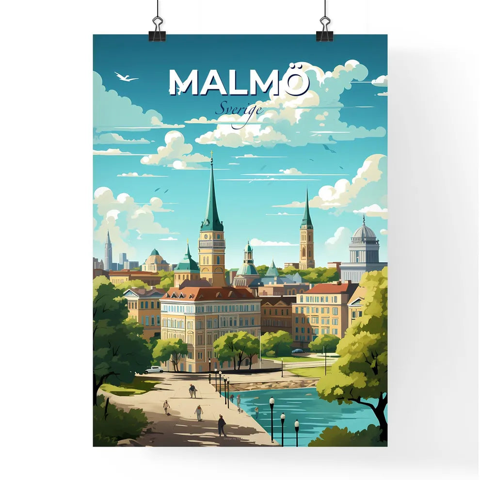 Malm Sverige Skyline - A City With Trees And A Man Walking On A Sidewalk - Customizable Travel Gift Default Title