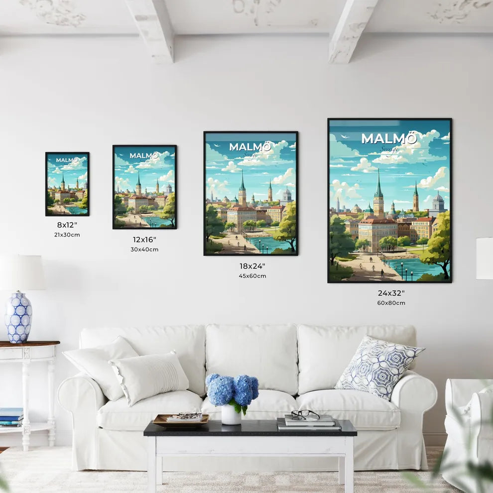 Malm Sverige Skyline - A City With Trees And A Man Walking On A Sidewalk - Customizable Travel Gift Default Title