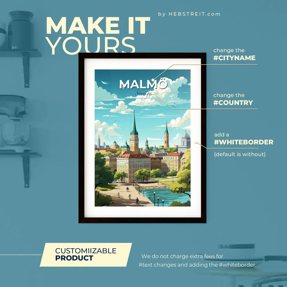 Malm Sverige Skyline - A City With Trees And A Man Walking On A Sidewalk - Customizable Travel Gift Default Title