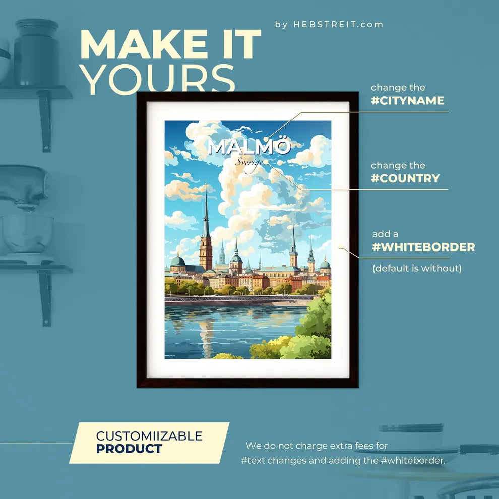 Malm Sverige Skyline - A City With Towers And Trees And Water - Customizable Travel Gift Default Title