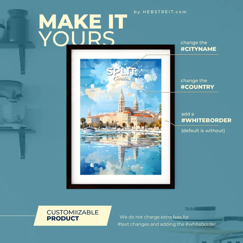 Split Croatia Skyline - A Watercolor Painting Of A City With A Body Of Water And Trees - Customizable Travel Gift Default Title