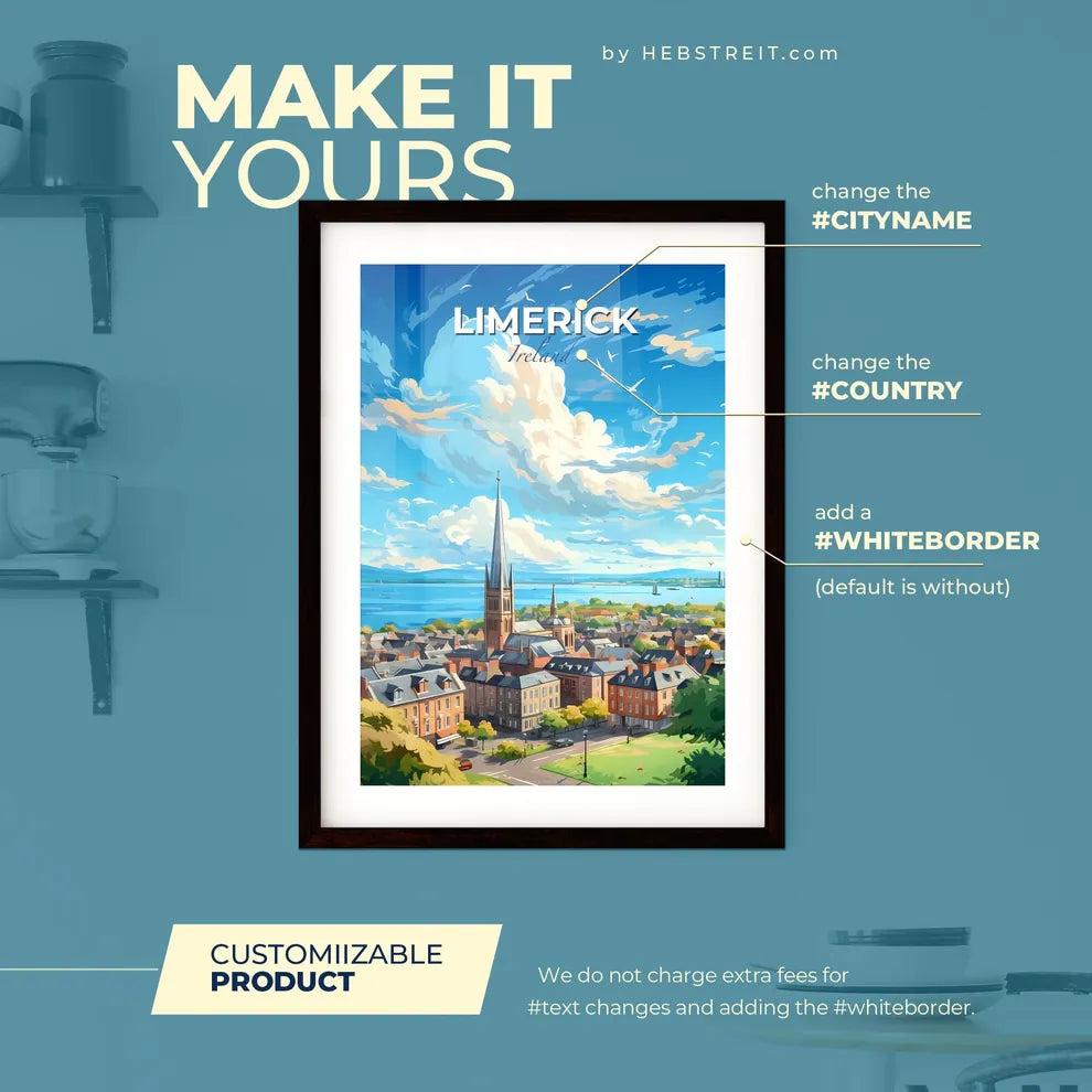 Limerick Ireland Skyline - A City With A Tall Spire And A Body Of Water - Customizable Travel Gift Default Title