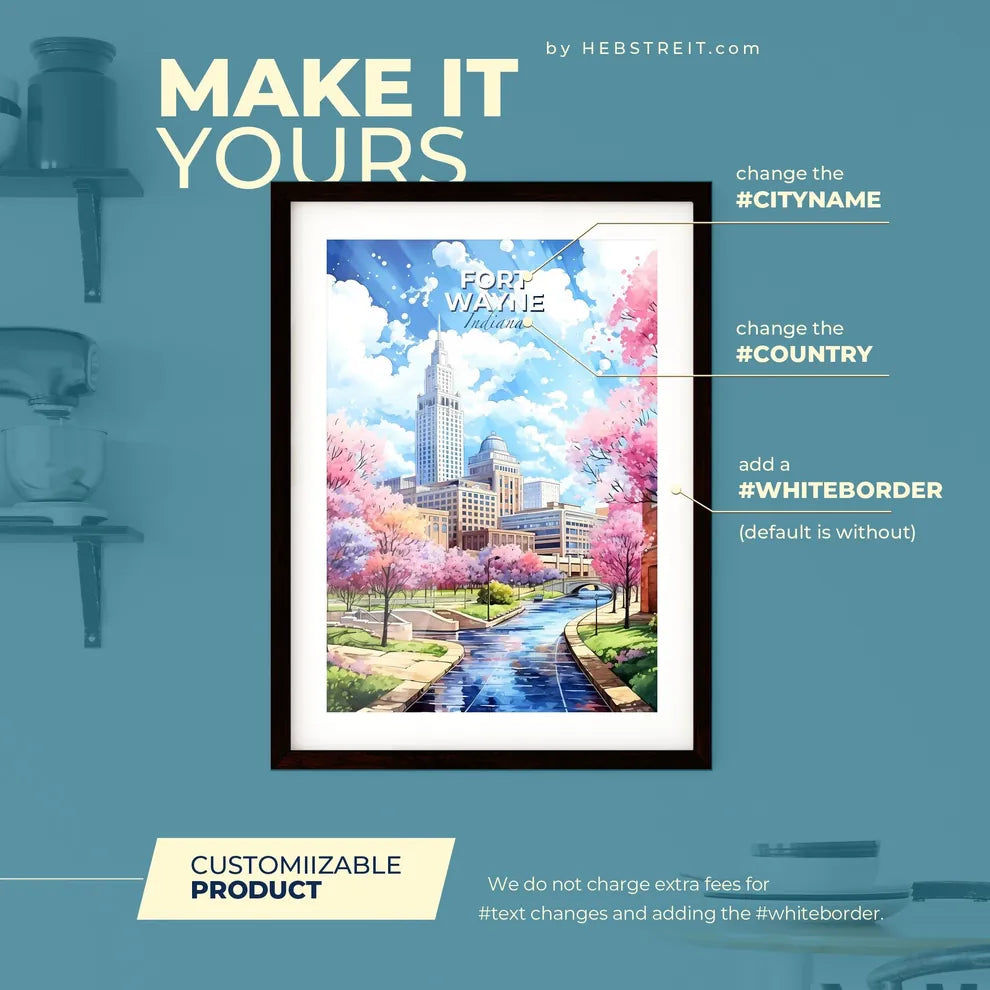 Fort Wayne Indiana Skyline - A River Running Through A City - Customizable Travel Gift Default Title