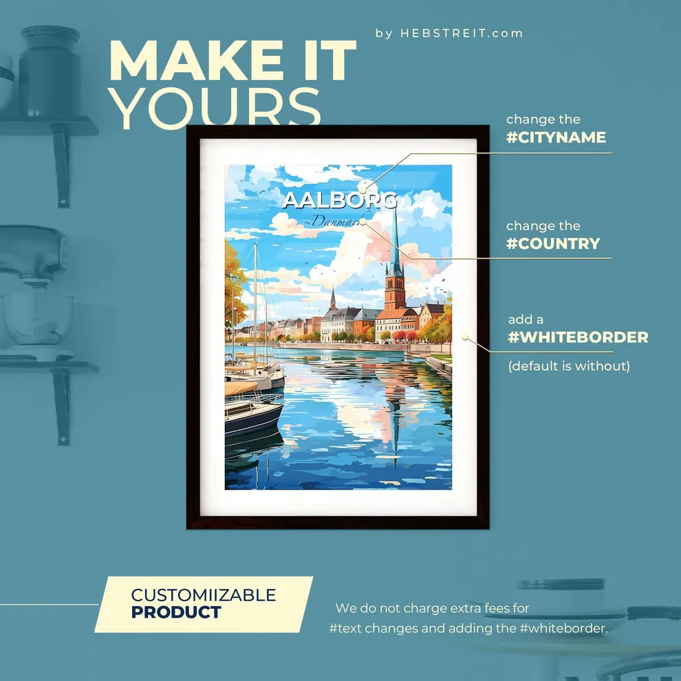 Aalborg Danmark Skyline - A Water Body With Boats And Buildings In The Background - Customizable Travel Gift Default Title