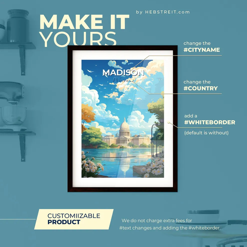 Madison Wisconsin Skyline - A Building With A Dome And A Body Of Water - Customizable Travel Gift Default Title