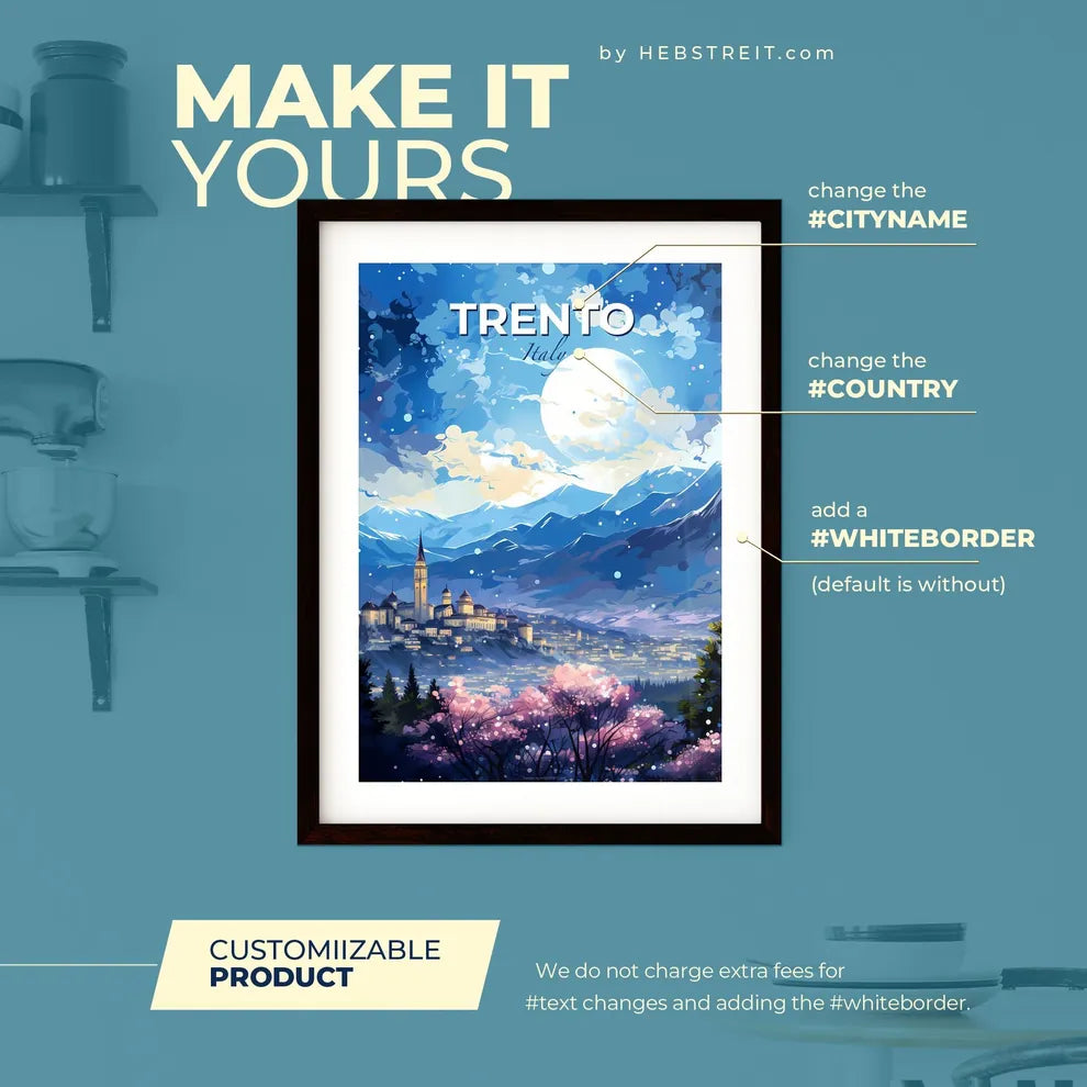 Trento Italy Skyline - A Landscape Of A Town With A Castle And Mountains - Customizable Travel Gift Default Title