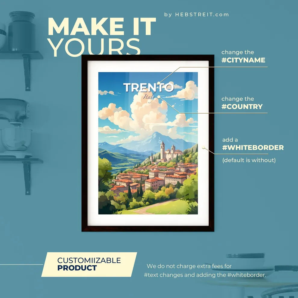 Trento Italy Skyline - A Town On A Hill With Trees And Mountains In The Background - Customizable Travel Gift Default Title