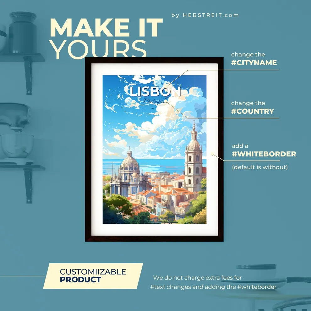 Lisbon Portugal Skyline - A City With A Tower And Trees - Customizable Travel Gift Default Title