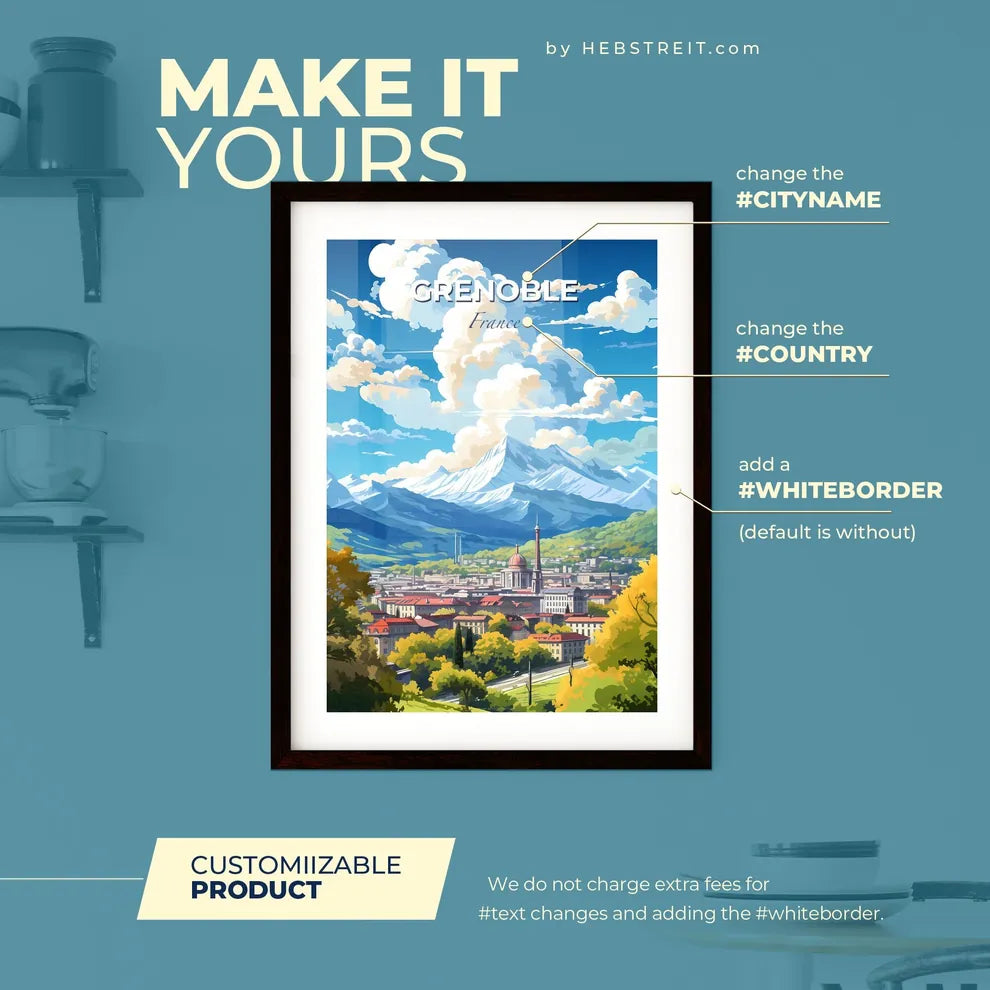 Grenoble France Skyline - A Landscape Of A City With Mountains In The Background - Customizable Travel Gift Default Title