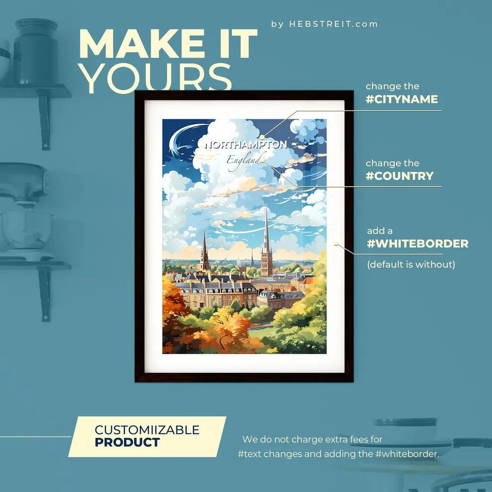 Northampton England Skyline - A City With Trees And Buildings - Customizable Travel Gift Default Title