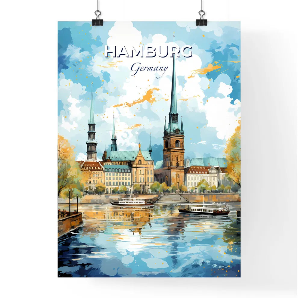 Hamburg Germany Skyline - A Water With Boats And Buildings And Trees - Customizable Travel Gift Default Title