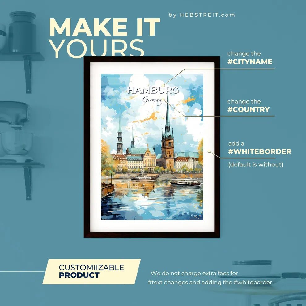 Hamburg Germany Skyline - A Water With Boats And Buildings And Trees - Customizable Travel Gift Default Title