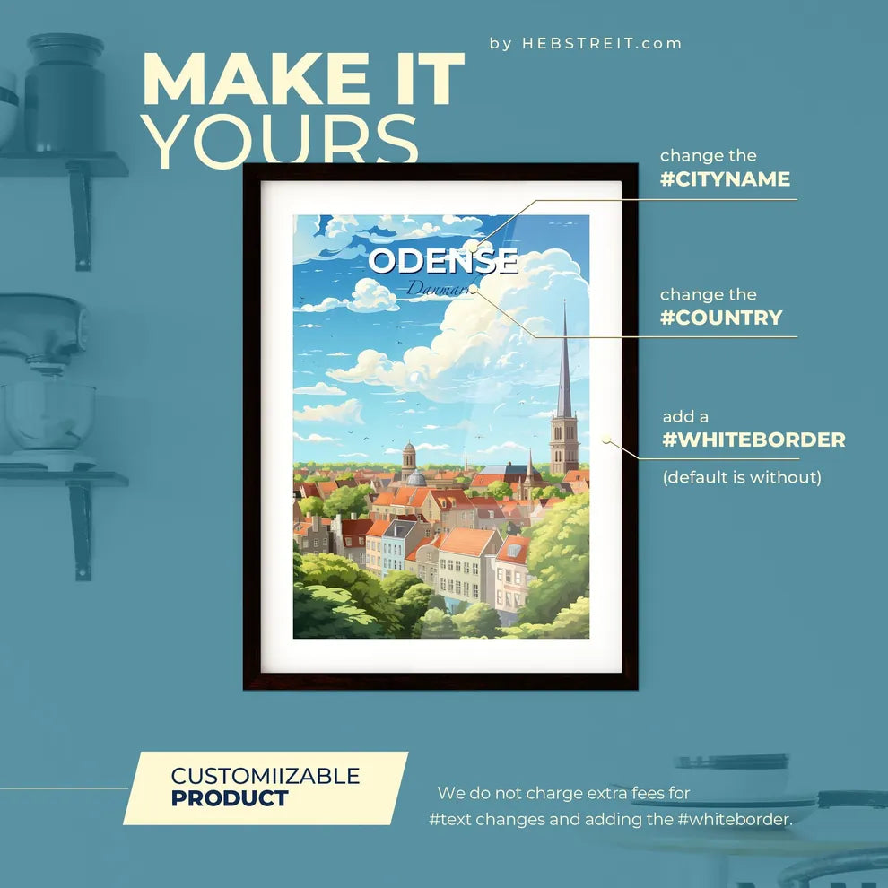 Odense Danmark Skyline - A City With A Tall Spire And Trees - Customizable Travel Gift Default Title