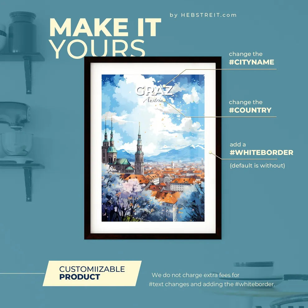 Graz Austria Skyline - A City With A Church And Mountains In The Background - Customizable Travel Gift Default Title