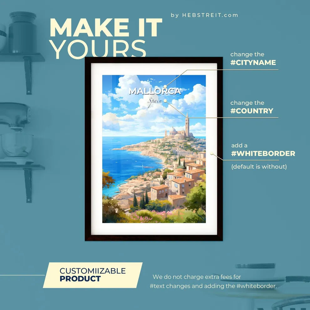 Mallorca Spain Skyline - A City On A Hill By The Ocean - Customizable Travel Gift Default Title