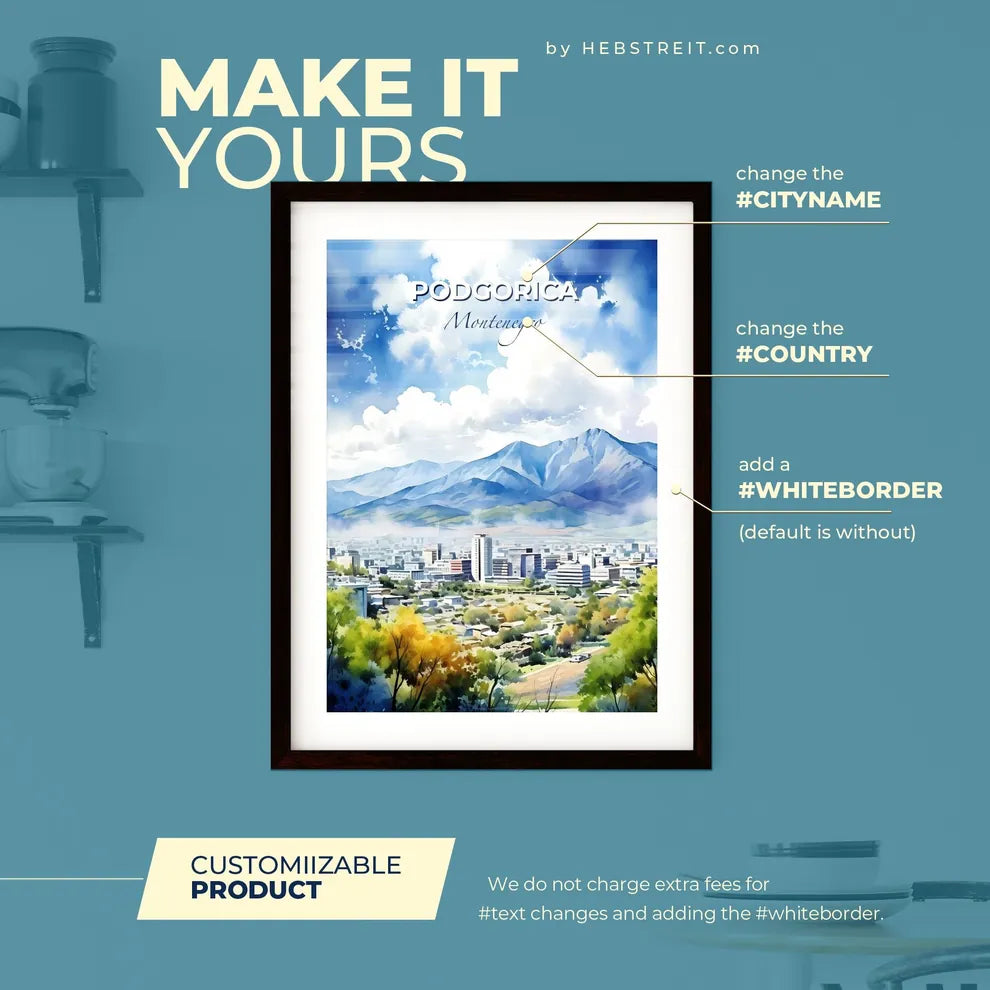 Podgorica Montenegro Skyline - A Watercolor Painting Of A City With Mountains In The Background - Customizable Travel Gift Default Title