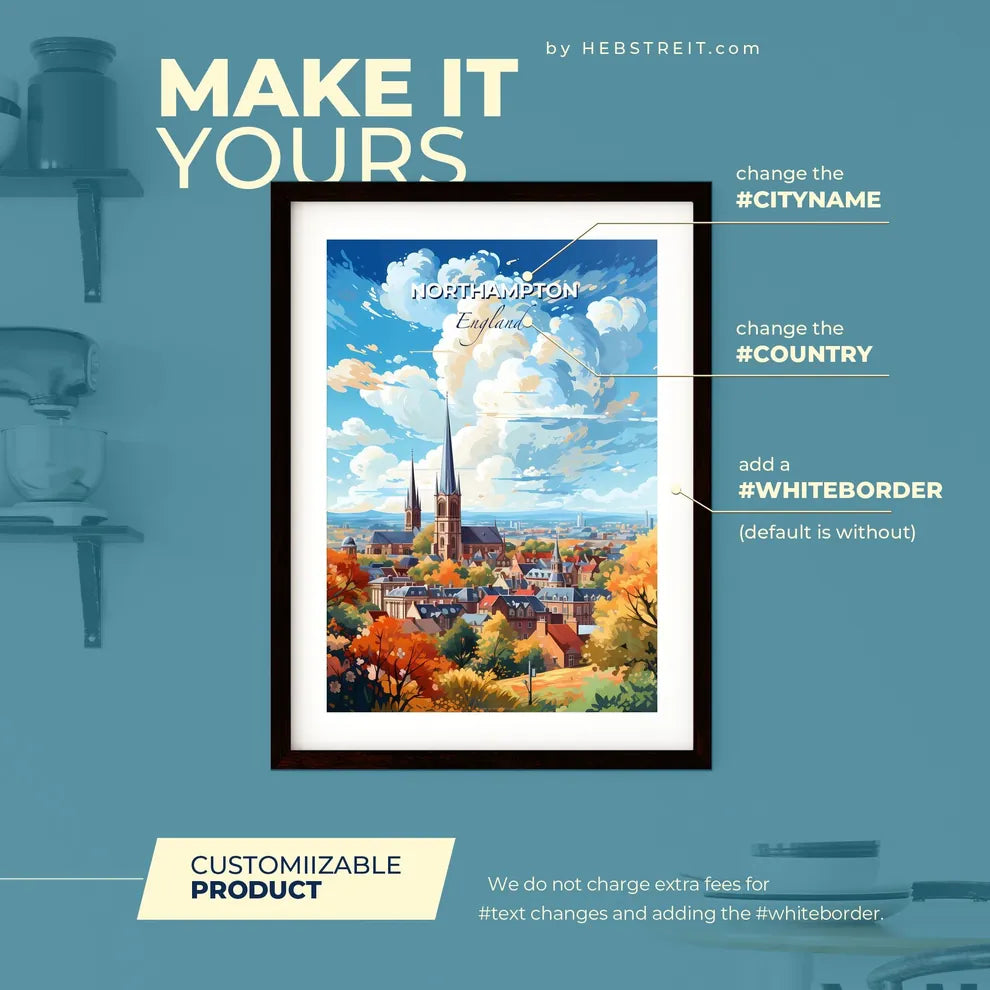 Northampton England Skyline - A City With A Church And Trees - Customizable Travel Gift Default Title