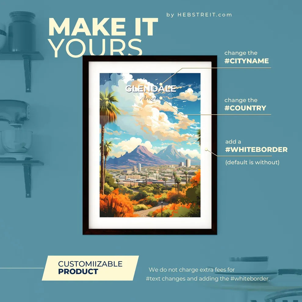 Glendale Arizona Skyline - A Landscape Of A City With Mountains And Trees - Customizable Travel Gift Default Title