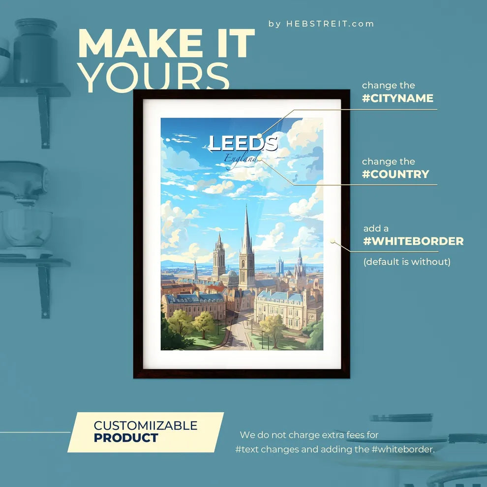 Leeds England Skyline - A City With A Tall Spire And A Blue Sky With Clouds - Customizable Travel Gift Default Title
