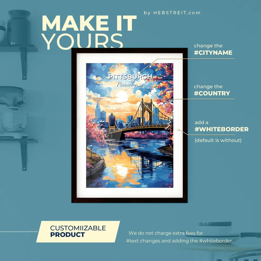 Pittsburgh Pennsylvania Skyline - A Bridge Over A River With Pink Trees And A City In The Background - Customizable Travel Gift Default Title