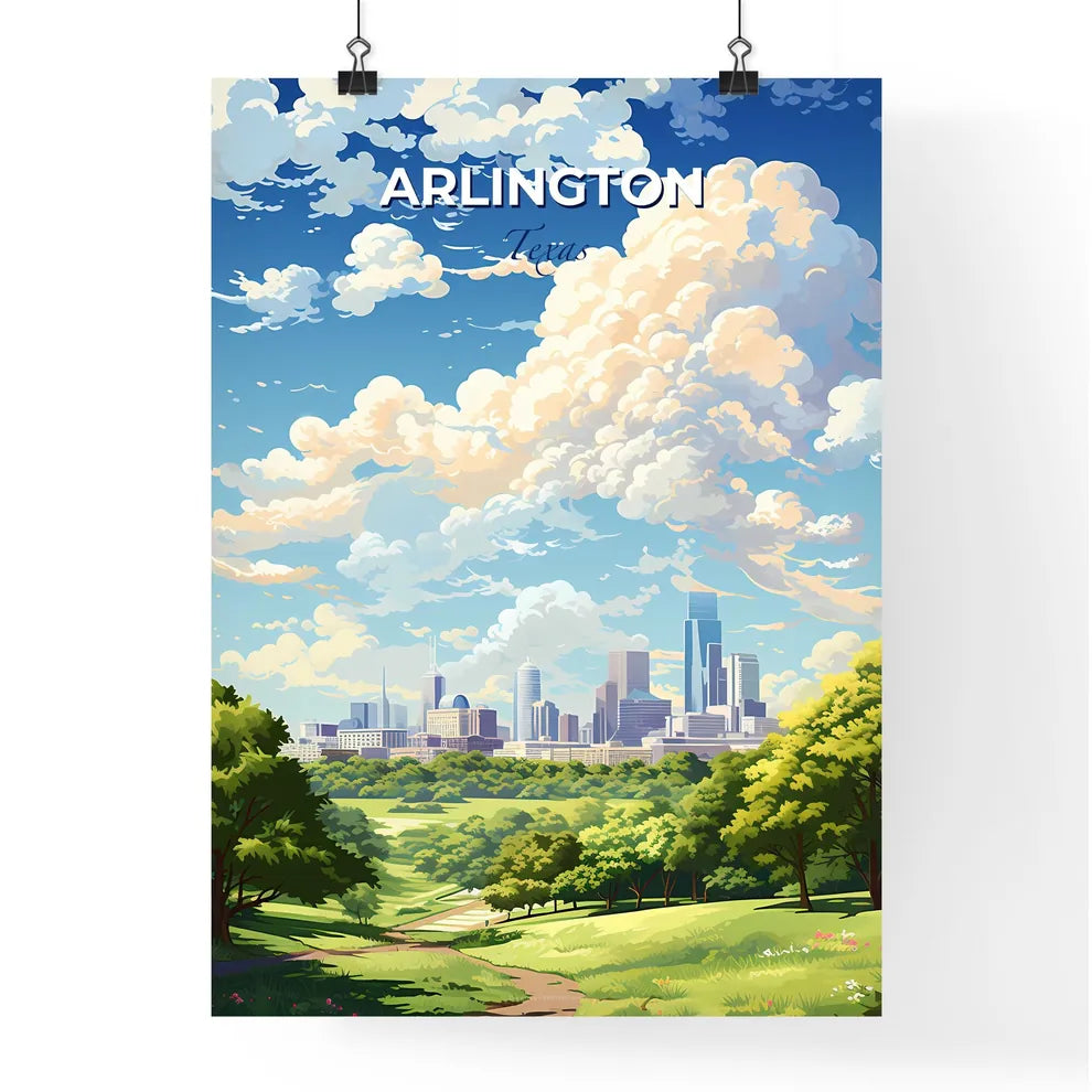 Arlington Texas Skyline - A Landscape Of A City With Trees And A Blue Sky With Clouds - Customizable Travel Gift Default Title