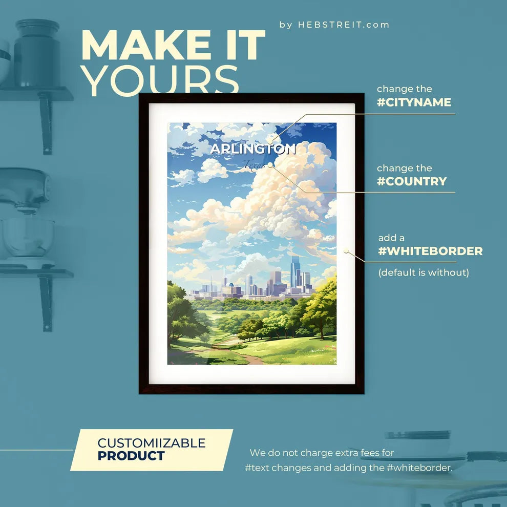 Arlington Texas Skyline - A Landscape Of A City With Trees And A Blue Sky With Clouds - Customizable Travel Gift Default Title