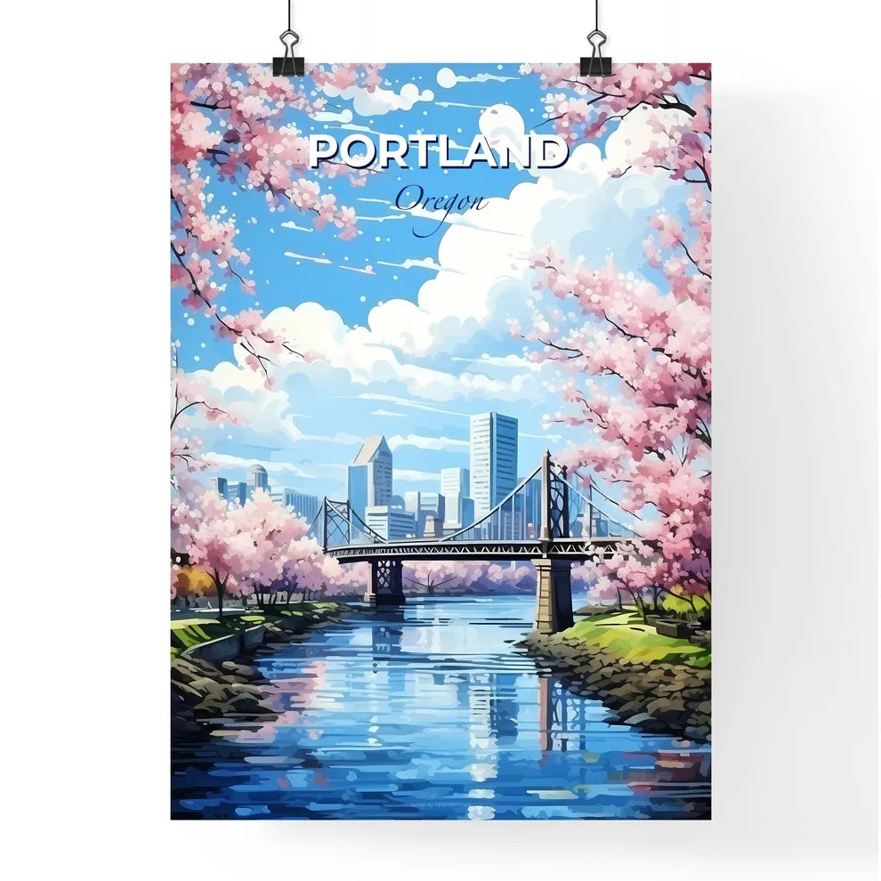 Portland Oregon Skyline - A Bridge Over A River With Pink Flowers - Customizable Travel Gift Default Title