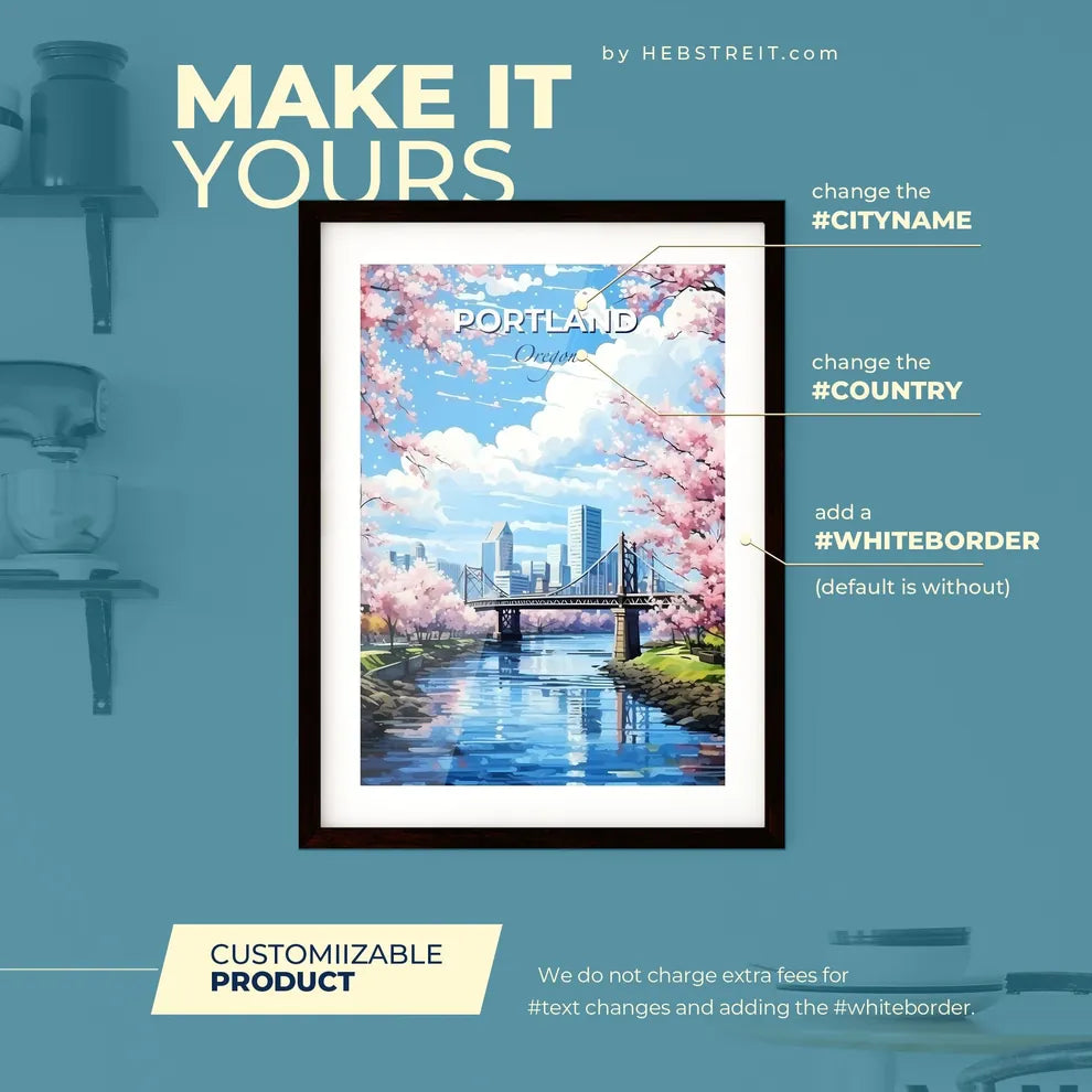 Portland Oregon Skyline - A Bridge Over A River With Pink Flowers - Customizable Travel Gift Default Title