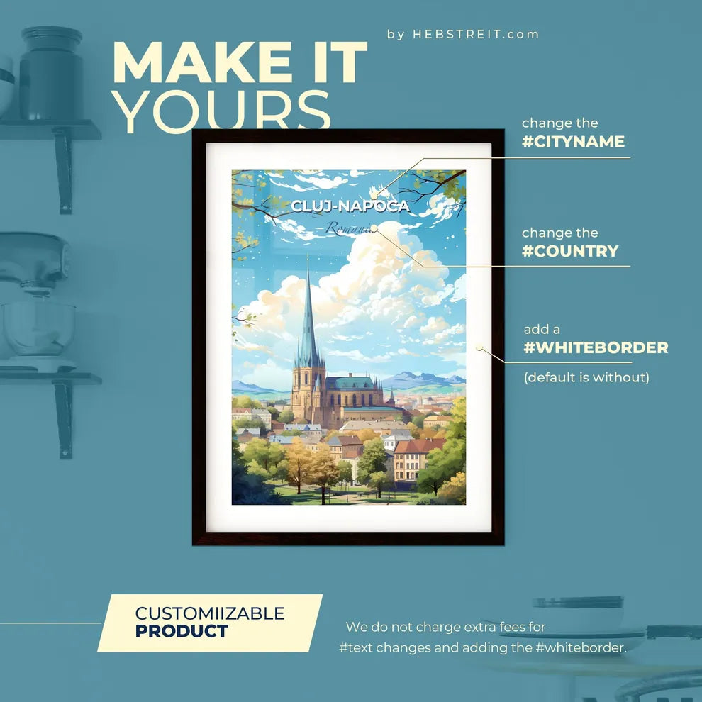 Cluj-Napoca Romania Skyline - A Building With A Steeple And A City Landscape - Customizable Travel Gift Default Title