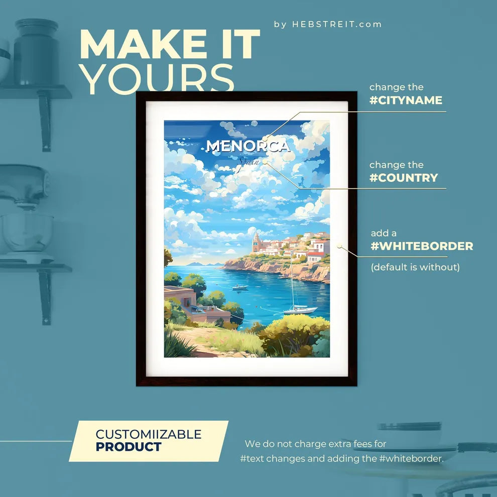 Menorca Spain Skyline - A Water Body With Buildings And A Boat On It - Customizable Travel Gift Default Title