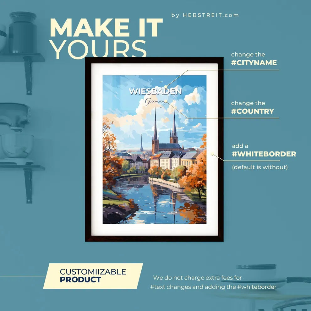 Wiesbaden Germany Skyline - A River With Trees And Buildings In The Background - Customizable Travel Gift Default Title