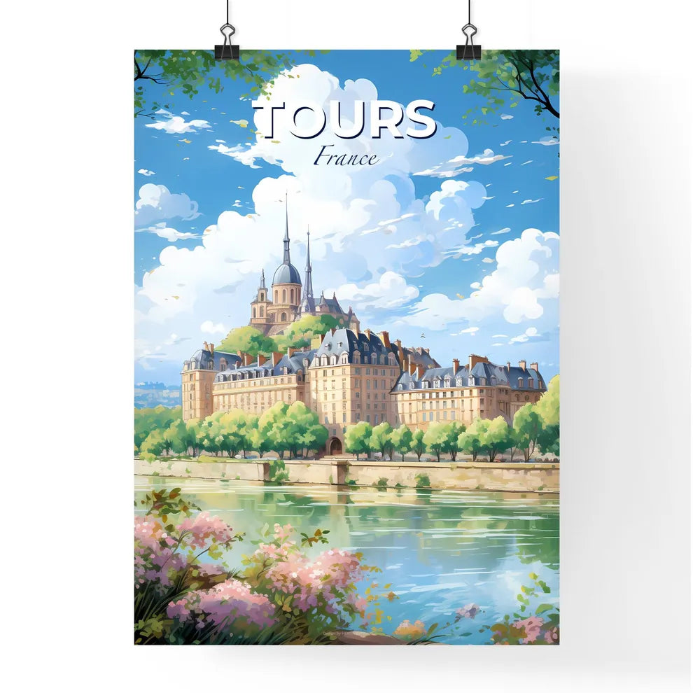 Tours France Skyline - A Castle With A Large Building And Trees By A River - Customizable Travel Gift Default Title