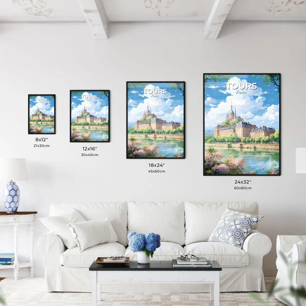 Tours France Skyline - A Castle With A Large Building And Trees By A River - Customizable Travel Gift Default Title