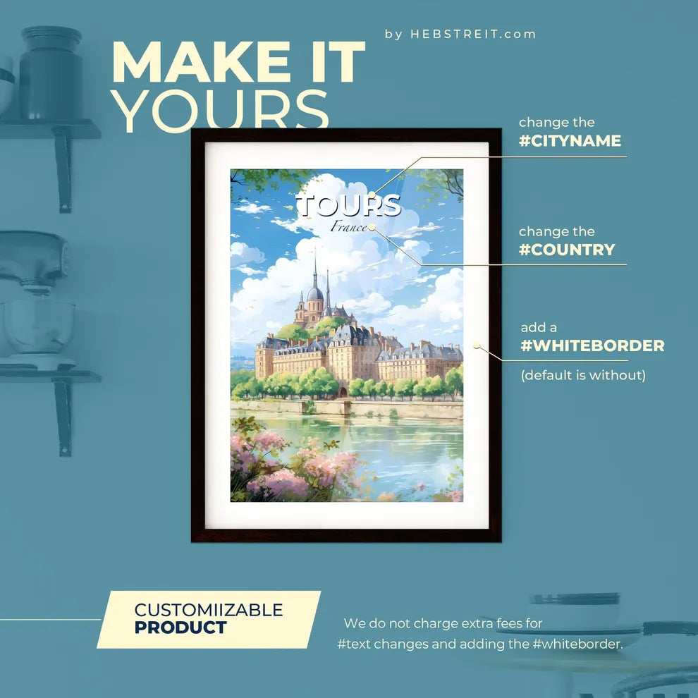 Tours France Skyline - A Castle With A Large Building And Trees By A River - Customizable Travel Gift Default Title