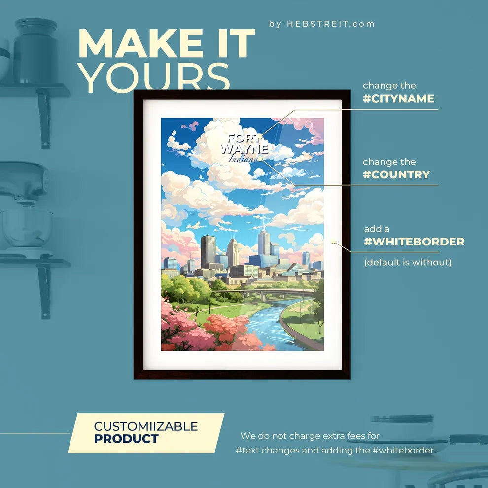 Fort Wayne Indiana Skyline - A City Landscape With A River And Trees - Customizable Travel Gift Default Title