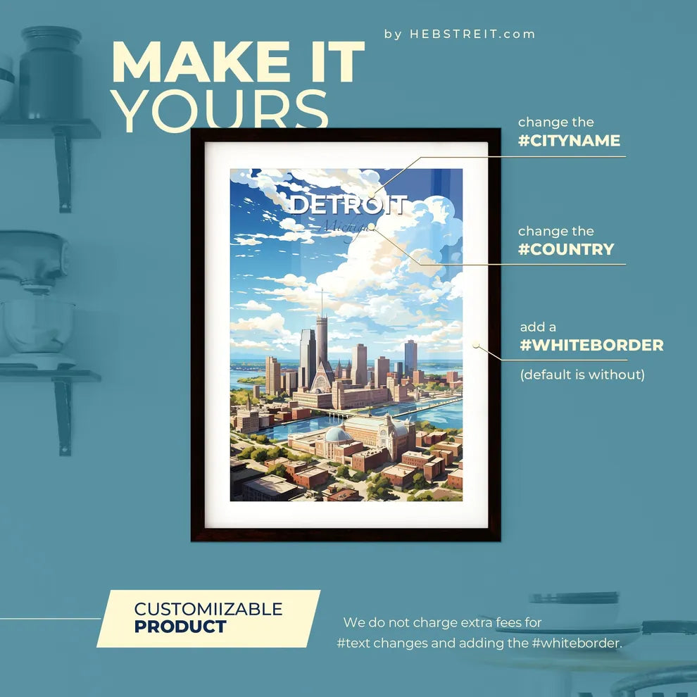 Detroit Michigan Skyline - A City With A Body Of Water And Clouds - Customizable Travel Gift Default Title