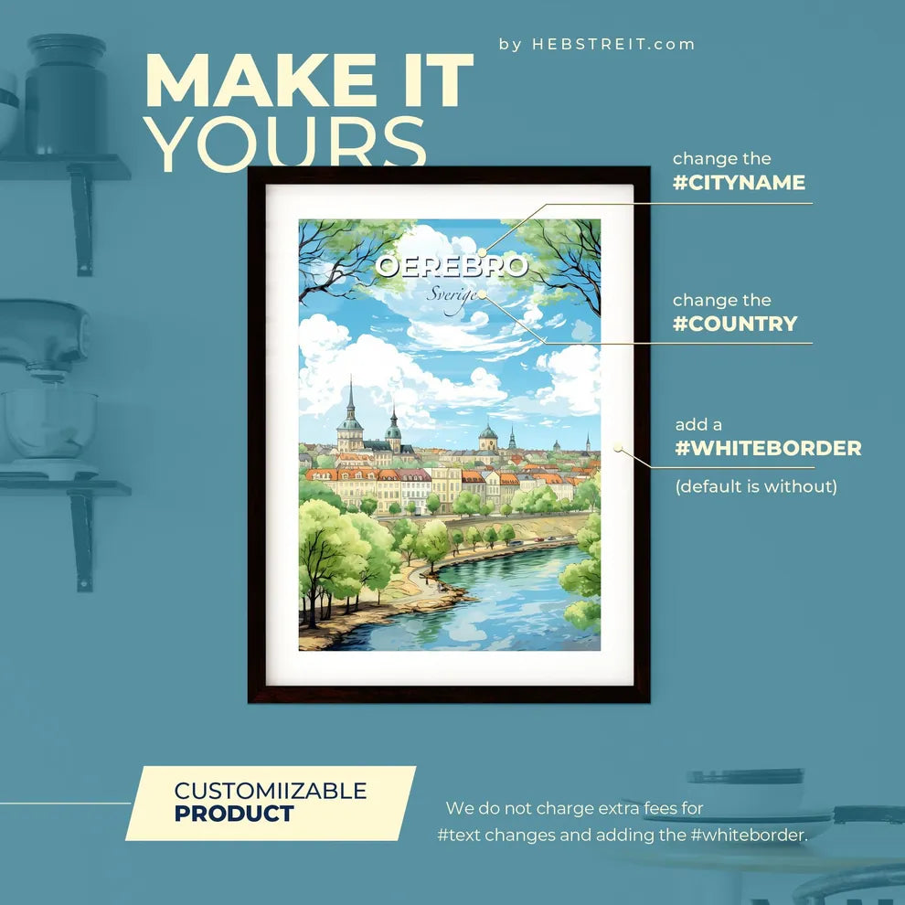 Oerebro Sverige Skyline - A River Running Through A City - Customizable Travel Gift Default Title