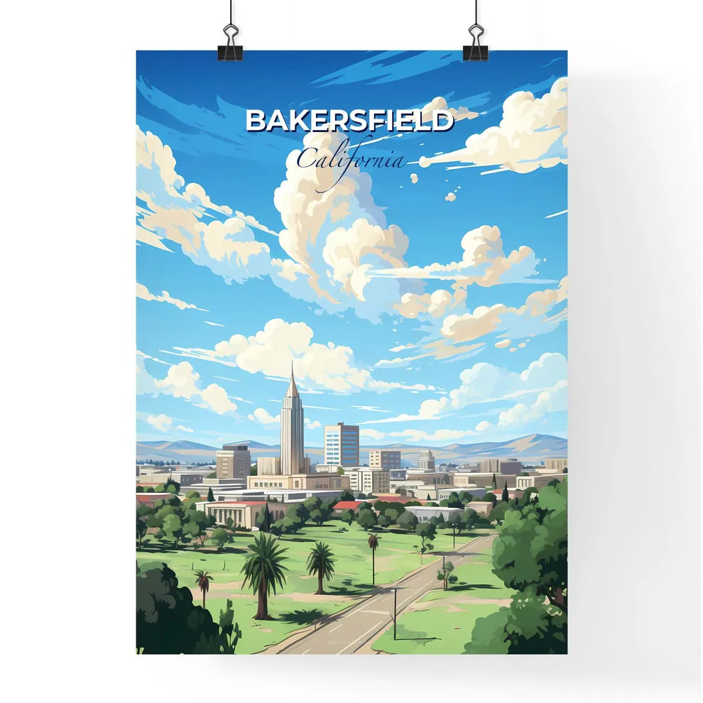 Bakersfield California Skyline - A Landscape Of A City With Trees And Buildings - Customizable Travel Gift Default Title