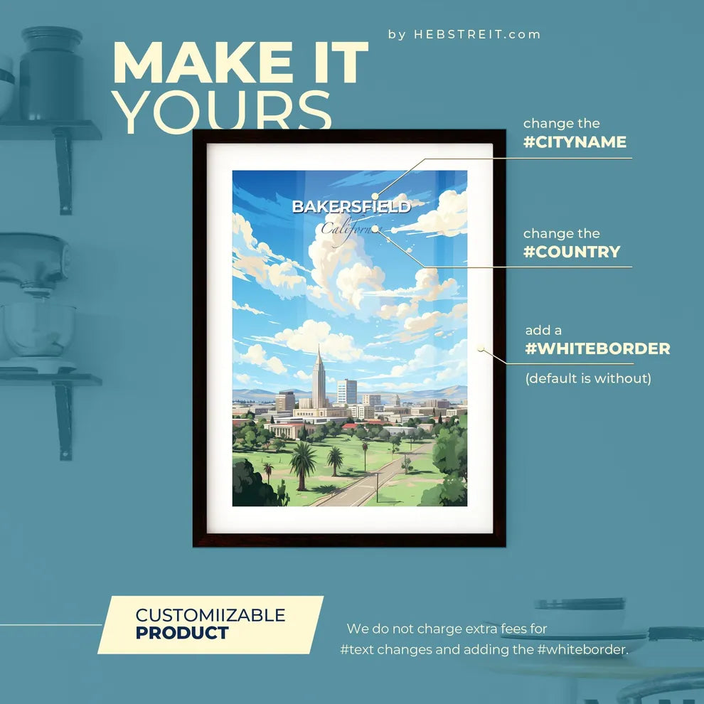 Bakersfield California Skyline - A Landscape Of A City With Trees And Buildings - Customizable Travel Gift Default Title