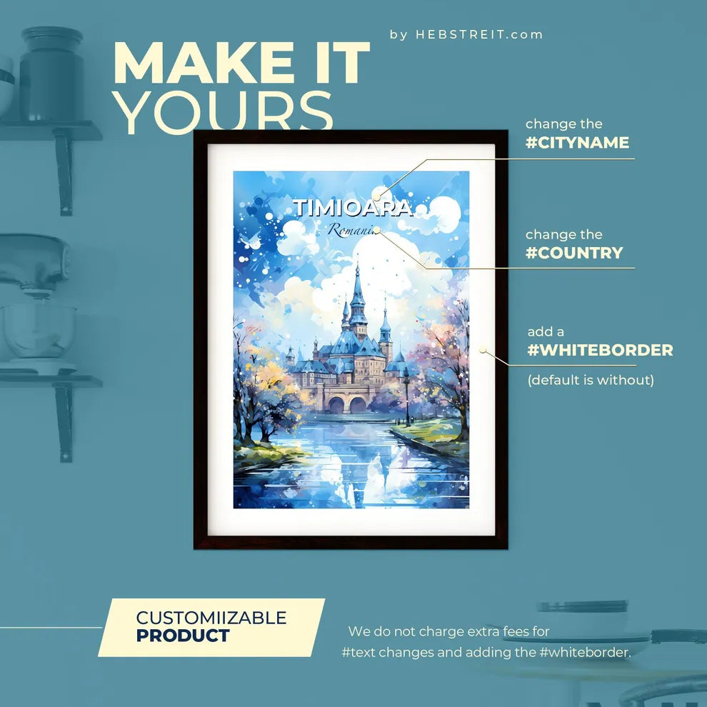 Timioara Romania Skyline - A Painting Of A Castle With Trees And Water - Customizable Travel Gift Default Title