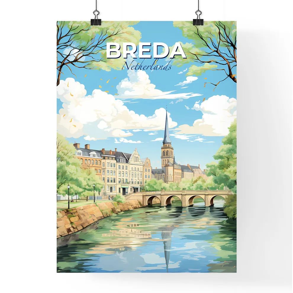 Breda Netherlands Skyline - A Bridge Over A River With Trees And Buildings - Customizable Travel Gift Default Title