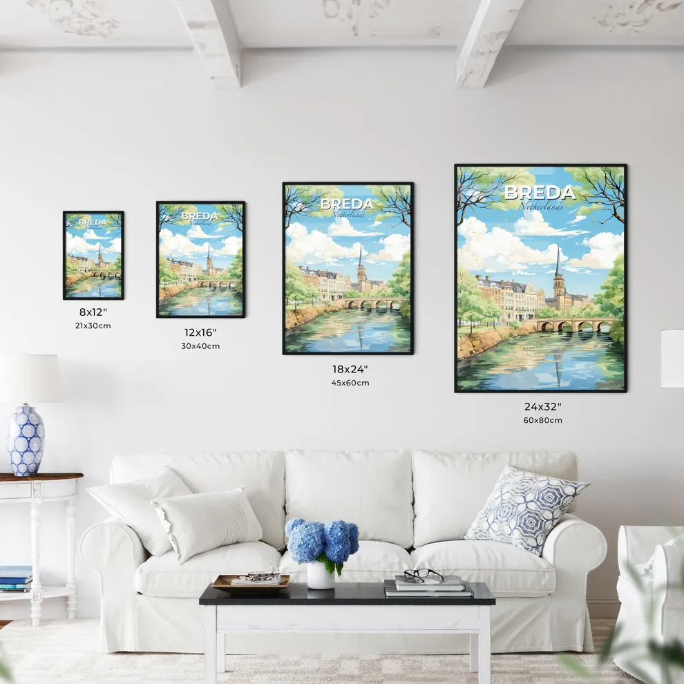 Breda Netherlands Skyline - A Bridge Over A River With Trees And Buildings - Customizable Travel Gift Default Title