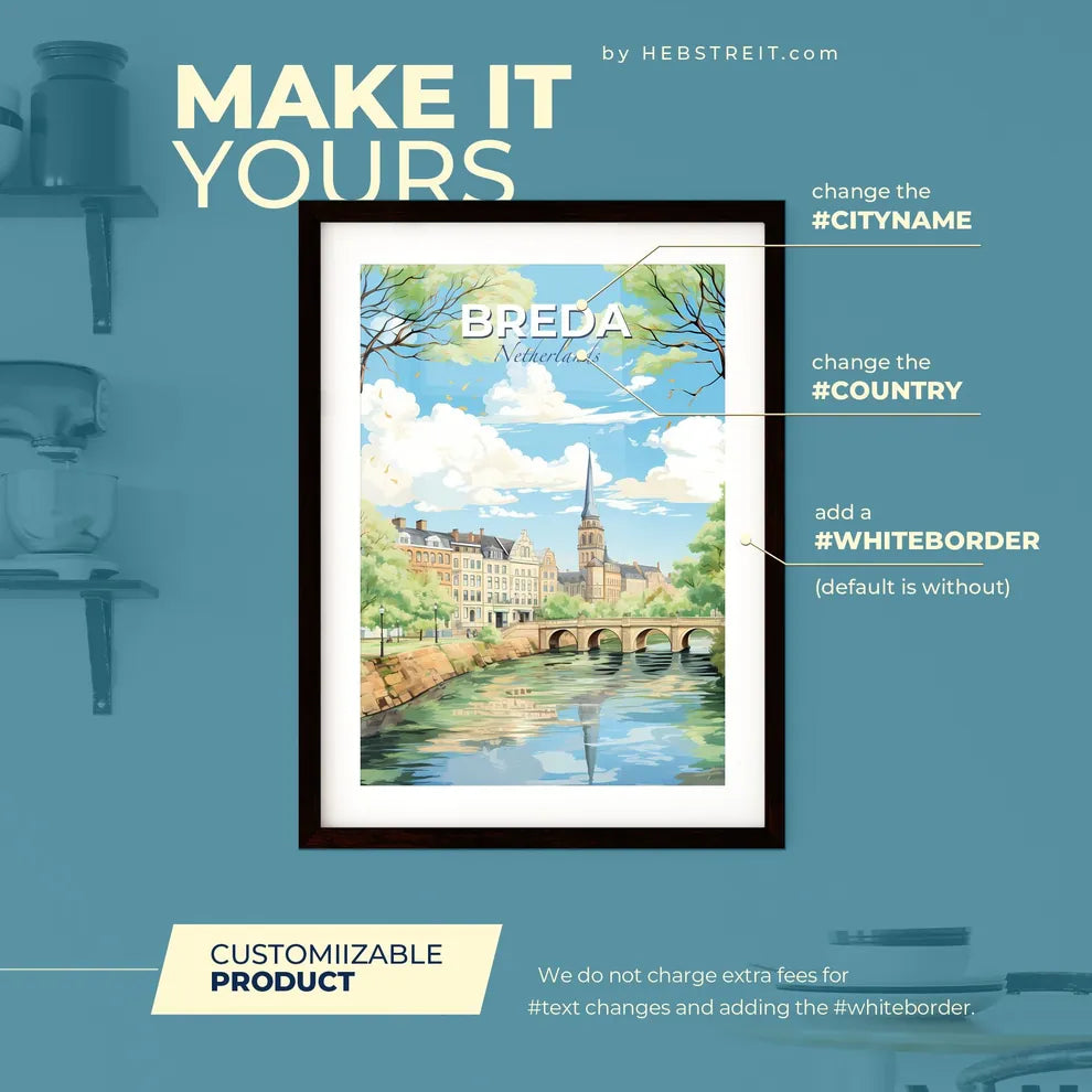 Breda Netherlands Skyline - A Bridge Over A River With Trees And Buildings - Customizable Travel Gift Default Title